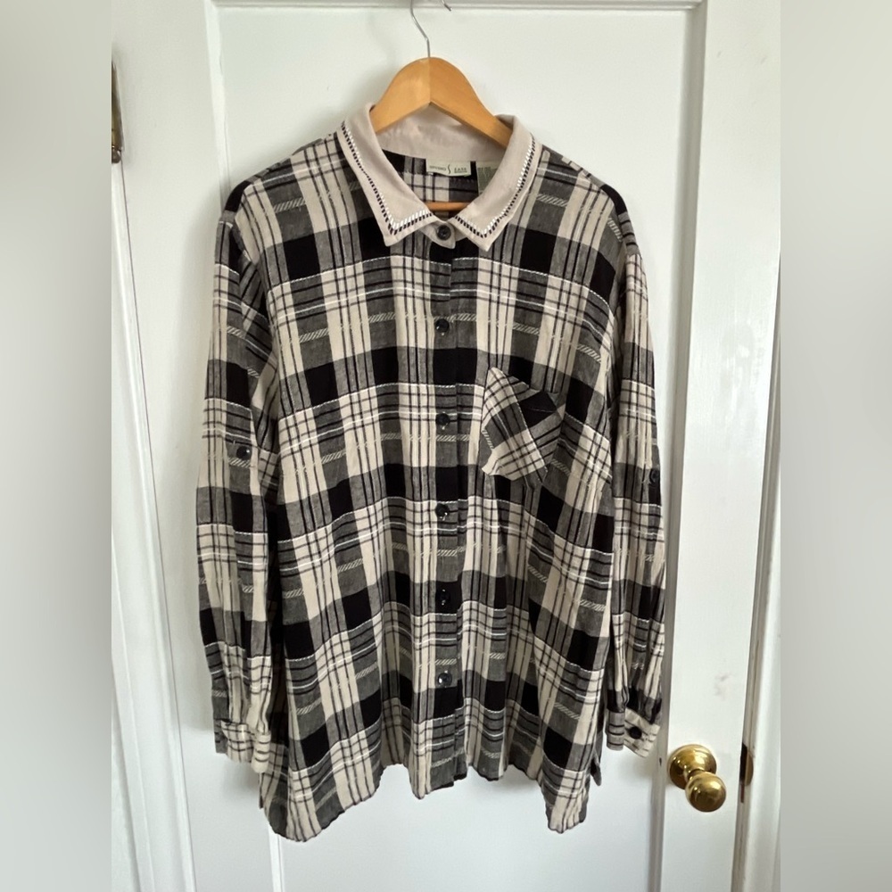 Linen Blend Womens Size 24W Studio Ease Woman Plaid Button Up Shirt Collar